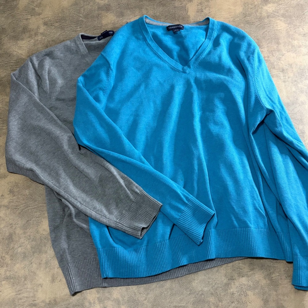 Lands End Sweater Lot of 2 Mens XL Blue Gray 100% Cotton V-Neck Pullover